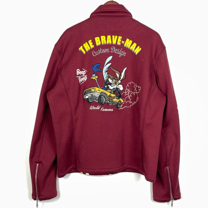 【中古品】【メンズ】 THE BRAVE MAN ザ ブレイブマン × LOONEY TUNES ルーニー テューンズ 別注コラボ WILE E. COYOTE RIDERS JACKET ワイリー コヨーテ ボンディング ライダース ジャケット アウター 145-261018-sa-06-teih サイズ：XL カラー：ワインレッド 万代Net店