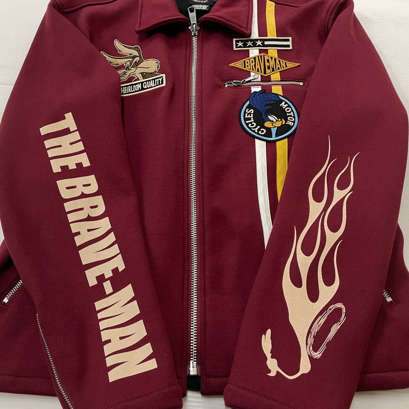 【中古品】【メンズ】 THE BRAVE MAN ザ ブレイブマン × LOONEY TUNES ルーニー テューンズ 別注コラボ WILE E. COYOTE RIDERS JACKET ワイリー コヨーテ ボンディング ライダース ジャケット アウター 145-261018-sa-06-teih サイズ：XL カラー：ワインレッド 万代Net店