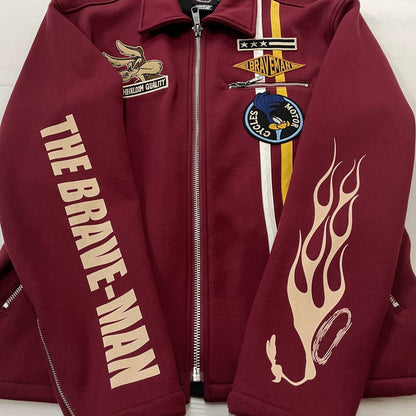 【中古品】【メンズ】 THE BRAVE MAN ザ ブレイブマン × LOONEY TUNES ルーニー テューンズ 別注コラボ WILE E. COYOTE RIDERS JACKET ワイリー コヨーテ ボンディング ライダース ジャケット アウター 145-261018-sa-06-teih サイズ：XL カラー：ワインレッド 万代Net店