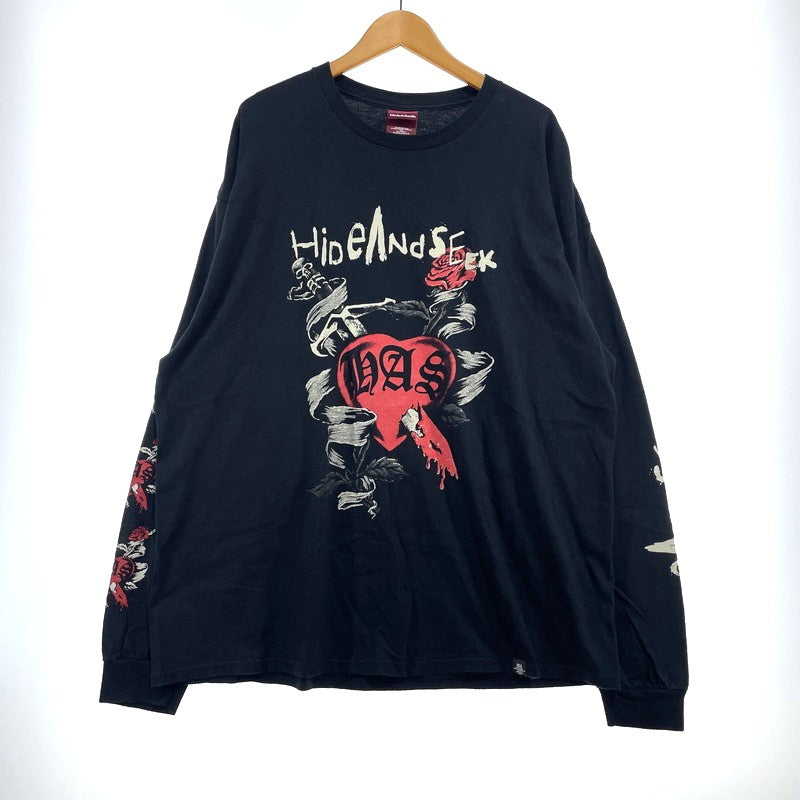 【中古品】【メンズ】 HIDE&SEEK ハイドアンドシーク LONG SLEEVE PRINT TEE ロングスリーブ プリント Tシャツ 長袖 トップス 145-261020-yo-02-teih サイズ：XXL カラー：ブラック 万代Net店
