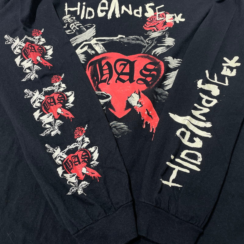 【中古品】【メンズ】 HIDE&SEEK ハイドアンドシーク LONG SLEEVE PRINT TEE ロングスリーブ プリント Tシャツ 長袖 トップス 145-261020-yo-02-teih サイズ：XXL カラー：ブラック 万代Net店
