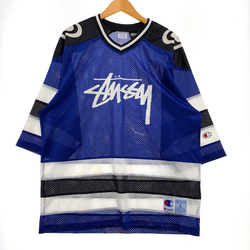 【中古品】【メンズ】 STUSSY ステューシー × CHAMPION チャンピオン 別注 コラボ HOCKEY MESH SHIRT C8-F407 ホッケー メッシュ シャツ 半袖 トップス 142-261025-ko-04-teih サイズ：L カラー：ブルー 万代Net店