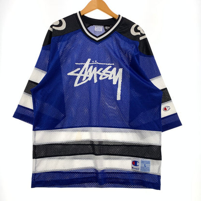 【中古品】【メンズ】 STUSSY ステューシー × CHAMPION チャンピオン 別注 コラボ HOCKEY MESH SHIRT C8-F407 ホッケー メッシュ シャツ 半袖 トップス 142-261025-ko-04-teih サイズ：L カラー：ブルー 万代Net店