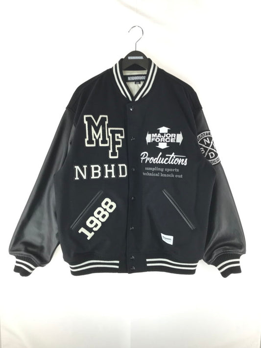 【中古美品】【メンズ】 NEIGHBORHOOD ネイバーフッド  × MAJOR FORCE. メジャーフォース 別注 コラボ 23AW STADIUM JACKET 232SZMFN-JKM01S スタジアムジャケット アウター スタジャン 142-240511-kk-2-tag サイズ：L カラー：ブラック 万代Net店