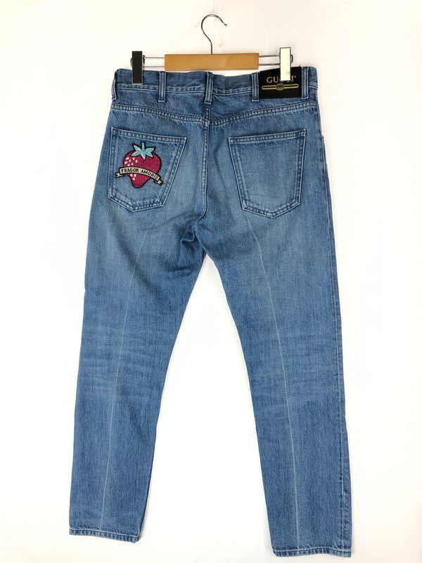 【中古品】【メンズ】 GUCCI グッチ BUTTON FLY DENIM PANTS 557960 ボタンフライデニムパンツ ボトムス ストロベリー刺繍  152-240831-mo-10-tag サイズ：23 カラー：インディゴ 万代Net店