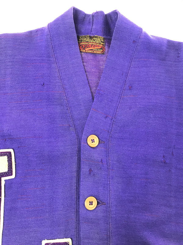 【現状渡し品】【メンズ】 O'SHEA KNITTING MILLS オーシャ ニッティング ミルズ 40's LETTERED CARDIGAN 40年代 レタード カーディガン トップス ヴィンテージ 146-260820-rt-01-tag サイズ：38 カラー：パープル 万代Net店