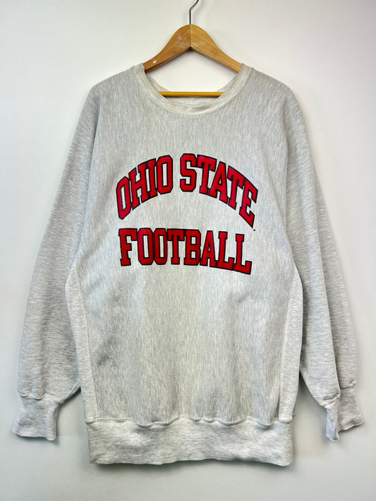 【中古品】【メンズ】 Champion チャンピオン90's REVERSE WEAVE CREWNECK SWEATSHIRT OHIO STATE FOOT BALL 90年代 リバースウィーブ クルーネックスウェットシャツ トップス トレーナー USA製 刺繍タグ 146-260710-kk-11-hon サイズ：XXL カラー：グレー 万代Net店