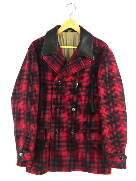 【中古品】【メンズ】 THE FLAT HEAD ザフラットヘッド BLACK MINT ブラックミント CHECK WOOL CHECK P COAT 襟レザー 鹿革 チェック柄 ウールピーコート アウター 145-250304-hi-08-tag サイズ：42 カラー：ブラック/レッド 万代Net店