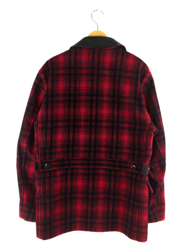 【中古品】【メンズ】 THE FLAT HEAD ザフラットヘッド BLACK MINT ブラックミント CHECK WOOL CHECK P COAT 襟レザー 鹿革 チェック柄 ウールピーコート アウター 145-250304-hi-08-tag サイズ：42 カラー：ブラック/レッド 万代Net店