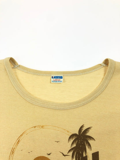 【中古品】【メンズ】 Champion チャンピオン 70～80's SEEPAGE HAWAII PRINT 70～80年代 染み込み ハワイ プリントTシャツ 半袖Tシャツ トップス ヴィンテージ 146-250626-rt-05-tag サイズ：L カラー：ベージュ 万代Net店