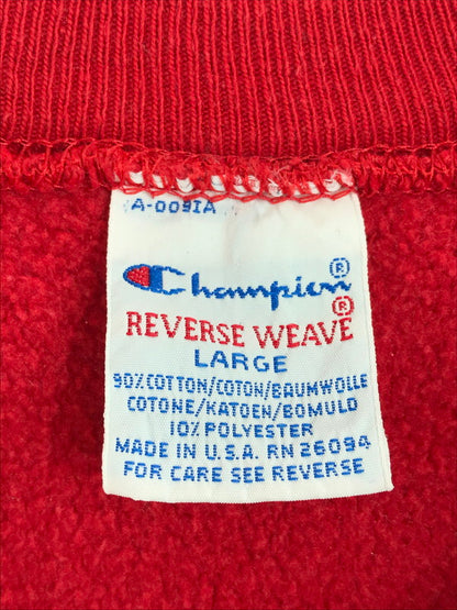 【中古品】【メンズ】 Champion チャンピオン 90’s REVERSE WEAVE MCV PRINT SWEAT 90年代 リバーシウェーブ エムシーブイ プリント スウェット トップス 刺繍タグ ヴィンテージ 146-250629-rt-05-tag サイズ：L カラー：レッド 万代Net店