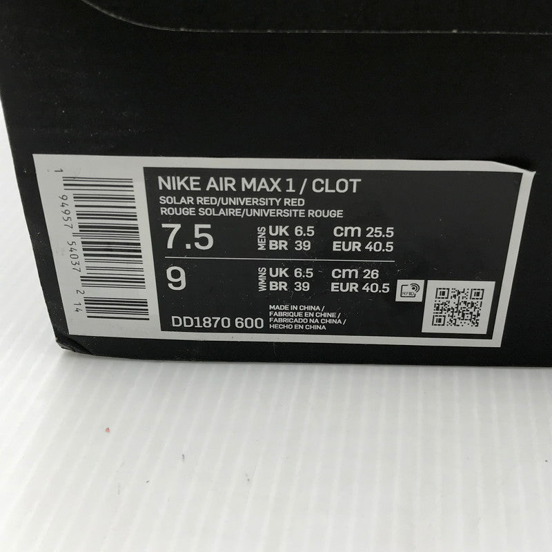【中古美品】【メンズ】 NIKE ナイキ ×CLOT クロット コラボ AIR MAX 1 K.O.D SOLAR RED DD1870-600 エアマックス 1 K.O.D ソーラーレッドスニーカー 靴 160-250816-rt-06-tag サイズ：25.5cm US7.5 カラー：KISS OF DEATH SOLOAR RED/UNIVERSITY RED 万代Net店
