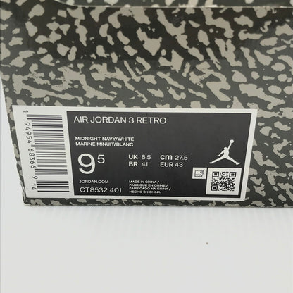 【中古品】【メンズ】 AIR JORDAN 3 RETRO MIDNIGHT NAVY WHITE CT8532-401 エアジョーダン3 ミッドナイトネイビー スニーカー 靴 160-250816-rt-01-tag サイズ：27.5cm US9.5 カラー：MIDNIGHT NAVY/WHITE 万代Net店