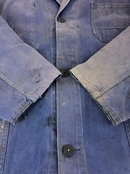 【ジャンク品】【メンズ】 FRENCH VINTAGE フレンチ ヴィンテージ 推定50'S LAPEL BLUE MOLESKIN WORK JACKET ラペル ブルー モールスキン ワークジャケット アウター 146-251128-rt-30-tag サイズ：不明 下記参照 カラー：ブルー系 万代Net店