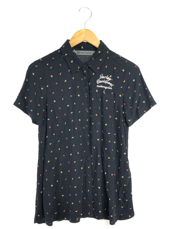 【中古美品】【レディース】 HARLEY DAVIDSON ハーレー ダビッドソン ALLOVER PRINT TIE-FRONT SHIRT 96348-20VW 半袖シャツ 145-260516-na-06-tagh サイズ：XS カラー：ブラック 万代Net店