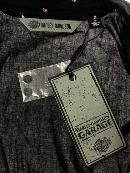 【中古美品】【レディース】 HARLEY DAVIDSON ハーレー ダビッドソン ALLOVER PRINT TIE-FRONT SHIRT 96348-20VW 半袖シャツ 145-260516-na-06-tagh サイズ：XS カラー：ブラック 万代Net店