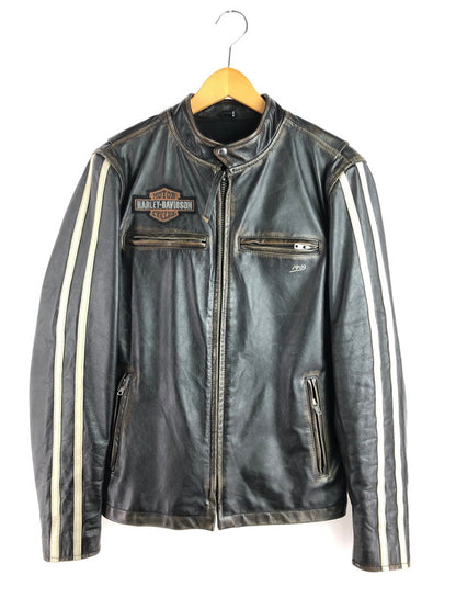 【現状渡し品】【メンズ】 HARLEY DAVIDSON ハーレーダビッドソン SLEEVE STRIPE SLIM FIT LEATHER JACKET 97048-19VM スリーブ ストライプ スリムフィット レザージャケット アウター 145-260108-na-18-tag サイズ：S カラー：ブラック 万代Net店
