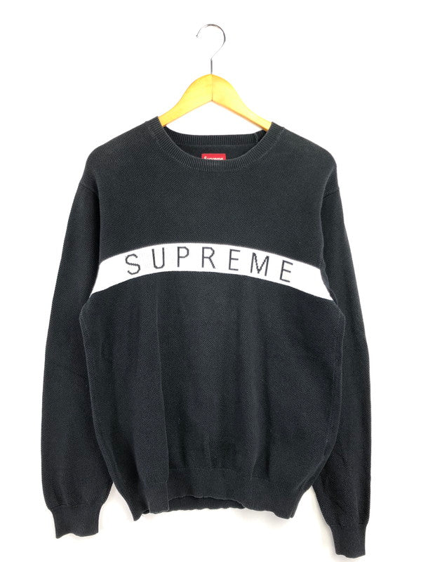 【メンズ】 Supreme シュプリーム 16AW LOGO STRIPE PIQUE CREWNECK KNIT ロゴストライプ ピケ クルーネックニット 149-260320-rt-21-tag サイズ：M カラー：ブラック 万代Net店