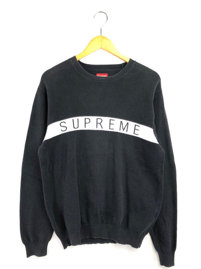 【メンズ】 Supreme シュプリーム 16AW LOGO STRIPE PIQUE CREWNECK KNIT ロゴストライプ ピケ クルーネックニット 149-260320-rt-21-tag サイズ：M カラー：ブラック 万代Net店