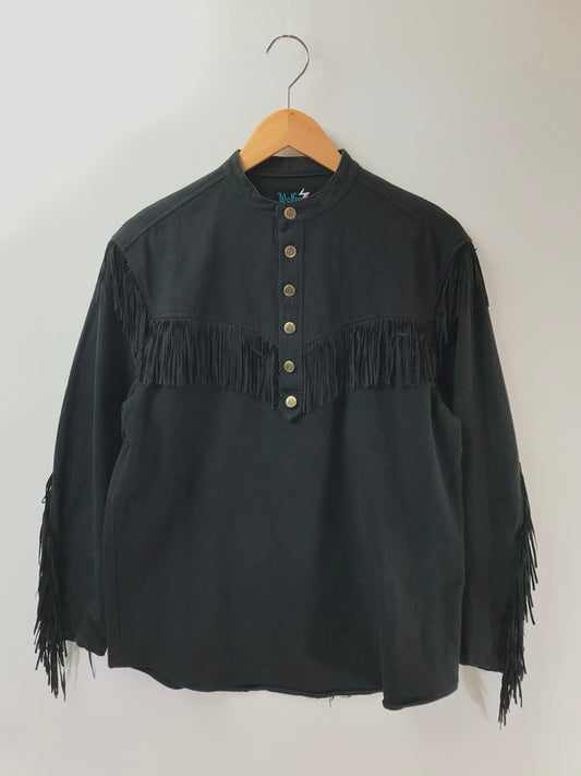 【中古品】 WOLFMAN ウルフマン 80～90’s HALF BUTTON FRINGE SHIRT GM251-50005B ハーフボタン フリンジ シャツ トップス 145-260402-rt-02-tag サイズ：表記なし 下記参照 カラー：ブラック 万代Net店