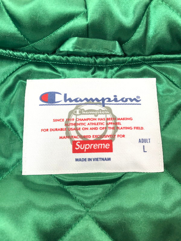 【中古品】【メンズ】 SUPREME シュプリーム × CHAMPION チャンピオン 18AW HOODED SATIN VARSITY JACKET フーデッド サテン バーシティー ジャケット アウター 149-260424-rt-28-tagh サイズ：L カラー：グリーン 万代Net店