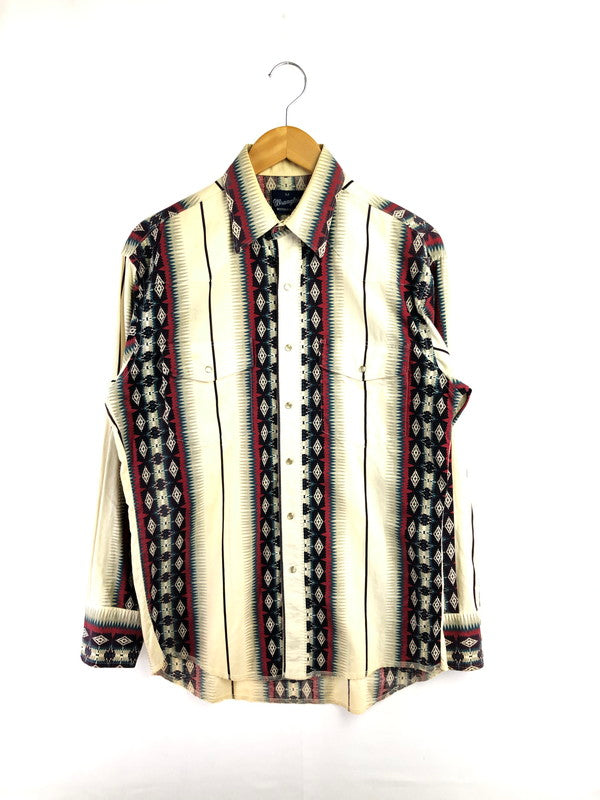【中古品】【メンズ】 WRANGLER ラングラー 80～90's NATIVE PATTERN WESTERN SHIRT 80～90年代 ネイティブ パターン ウエスタン シャツ 長袖シャツ トップス 146-260516-rt-16-tagh サイズ：M カラー：ホワイト 万代Net店