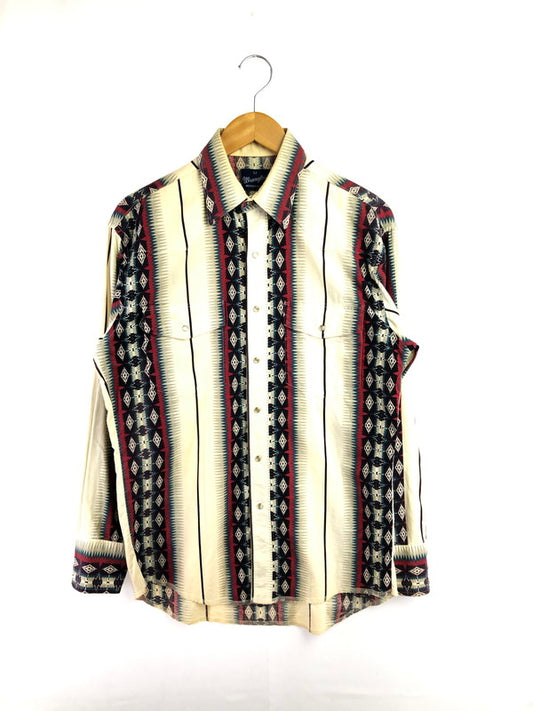 【中古品】【メンズ】 WRANGLER ラングラー 80～90's NATIVE PATTERN WESTERN SHIRT 80～90年代 ネイティブ パターン ウエスタン シャツ 長袖シャツ トップス 146-260516-rt-16-tagh サイズ：M カラー：ホワイト 万代Net店