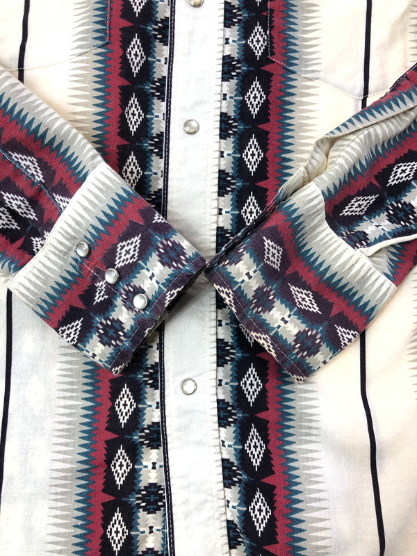【中古品】【メンズ】 WRANGLER ラングラー 80～90's NATIVE PATTERN WESTERN SHIRT 80～90年代 ネイティブ パターン ウエスタン シャツ 長袖シャツ トップス 146-260516-rt-16-tagh サイズ：M カラー：ホワイト 万代Net店