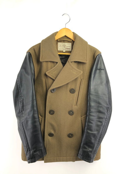 【中古品】【メンズ】 AVIREX アヴィレックス ARM LEATHER WOOL P COAT 6142173 アームレザーウールピーコート アウター 145-260823-su-04-tagh サイズ：M カラー：カーキ 万代Net店