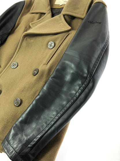 【中古品】【メンズ】 AVIREX アヴィレックス ARM LEATHER WOOL P COAT 6142173 アームレザーウールピーコート アウター 145-260823-su-04-tagh サイズ：M カラー：カーキ 万代Net店