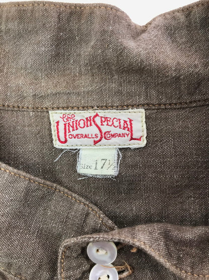 【中古品】【メンズ】 FREEWHEELERS フリーホイラーズ UNION SPECIAL OVERALLS 7分袖 WORK SHIRT ユニオンスペシャル オーバーオールズ ワーク シャツ 長袖 トップス 145-260529-ki-16-tagh サイズ：17.5 カラー：BROWN 万代Net店