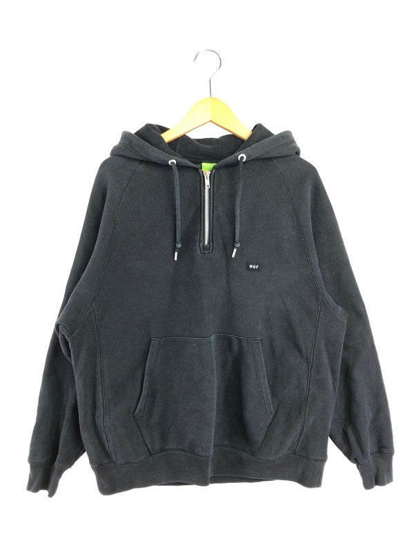 【中古品】【メンズ】 HUF ハフ SMALL LOGO HALF ZIP PULLOVER HOODIE スモール ロゴ ハーフジップ プルオーバー フーディー パーカー トップス 142-260611-rt-18-tagh サイズ：M カラー：ブラック 万代Net店