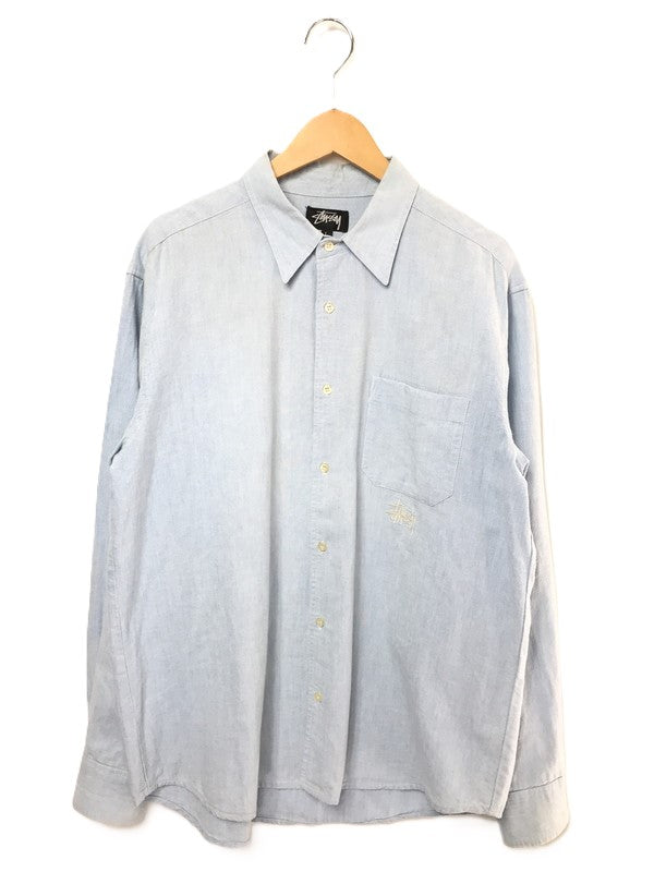【中古品】【メンズ】 OLD STUSSY オールドステューシー 80'S L/S LOGO EMBROIDERY SHIRT 80年代 ロゴ 刺繍 シャツ USA製 黒タグ 長袖シャツ 142-260621-na-06-tagh サイズ：L カラー：ライトブルー 万代Net店