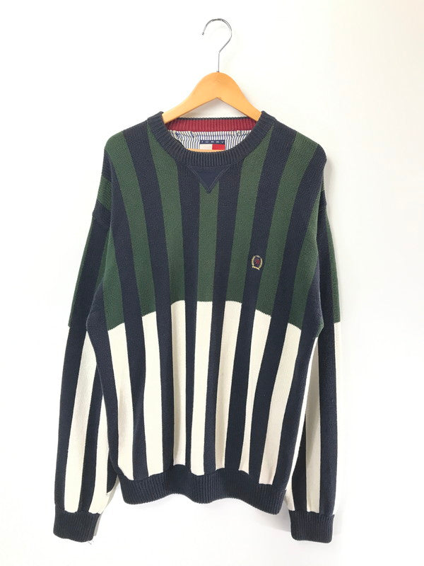 【中古品】【メンズ】 TOMMY HILFIGER トミー ヒルフィガー 90's MULTI STRIPE COTTON KNIT マルチ ストライプ コットン ニット 146-260726-rt-18-tagh サイズ：XL カラー：グリーン 万代Net店