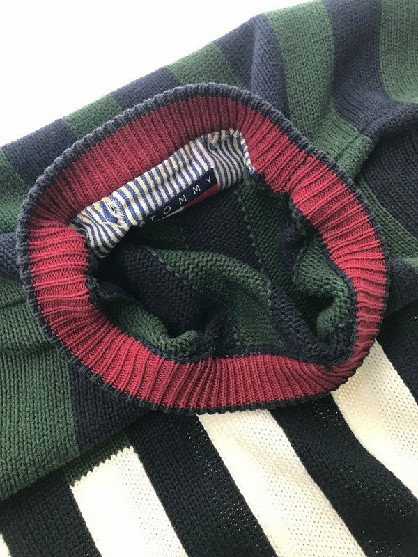 【中古品】【メンズ】 TOMMY HILFIGER トミー ヒルフィガー 90's MULTI STRIPE COTTON KNIT マルチ ストライプ コットン ニット 146-260726-rt-18-tagh サイズ：XL カラー：グリーン 万代Net店