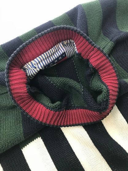 【中古品】【メンズ】 TOMMY HILFIGER トミー ヒルフィガー 90's MULTI STRIPE COTTON KNIT マルチ ストライプ コットン ニット 146-260726-rt-18-tagh サイズ：XL カラー：グリーン 万代Net店