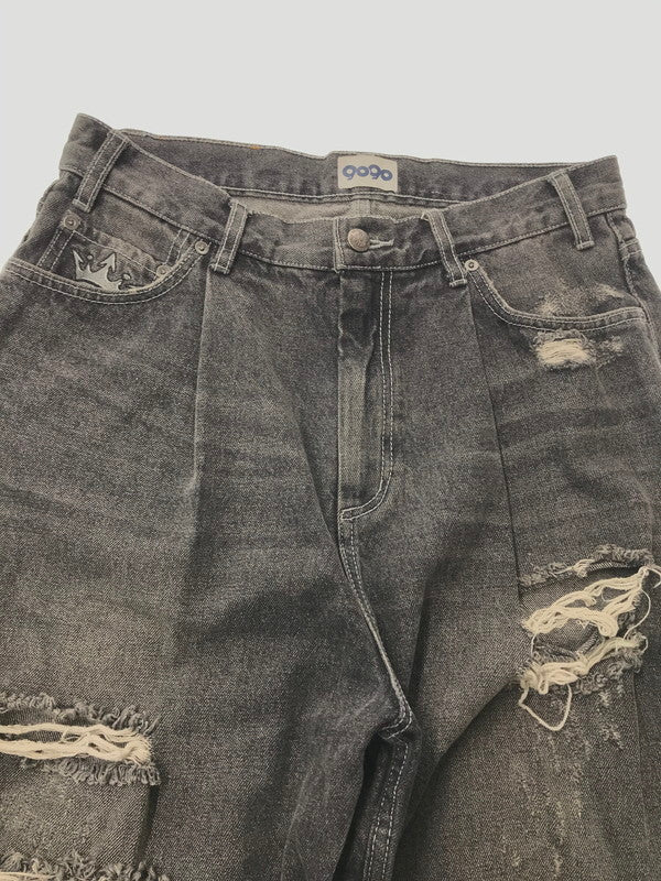 【中古品】【メンズ】 9090 ナインティナインティ KING LOGO BUGGY DENIM PANTS NN1270 キング ロゴ バギー デニム パンツ ジーンズ ボトムス 153-260801-rt-24-tagh サイズ：L カラー：ブラック 万代Net店