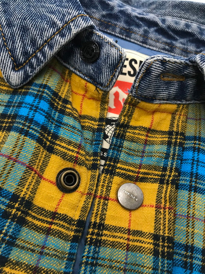 【中古品】【メンズ】 DIESEL ディーゼル DENIM SWITCHING CHECK SHIRT JACKET 0QCAR デニム スイッチング チェック シャツ ジャケット ライトアウター 141-260801-rt-15-tagh サイズ：S カラー：ブルー/イエロー 万代Net店