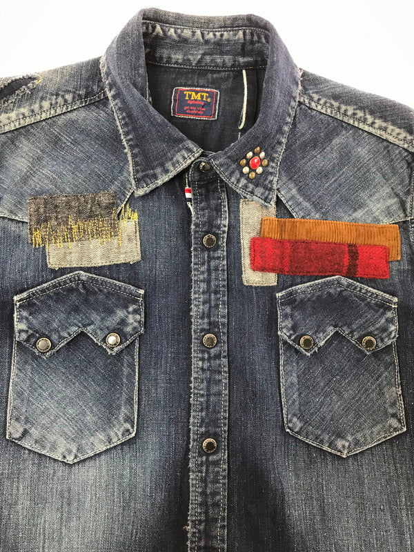 【中古品】【メンズ】 TMT ティーエムティー RIPPED LONG-SLEEVE DENIM SHIRT INDIGO TSH-F1501 ロングスリーブ デニム シャツ 長袖シャツ 145-260829-rt-02-tagh サイズ：L カラー：インディゴ 万代Net店