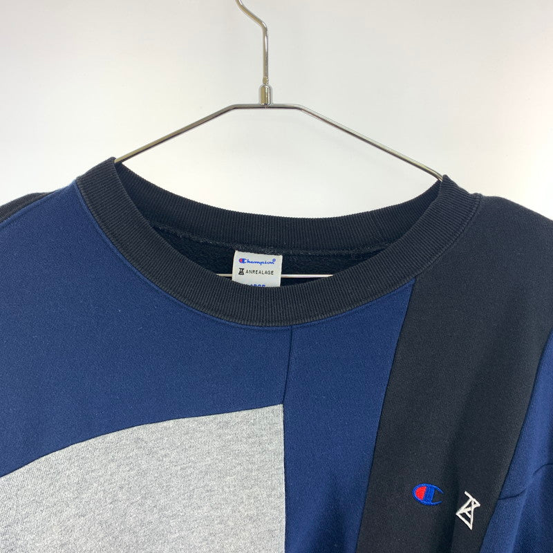 【中古品】【メンズ】 Champion チャンピオン ANREALAGE アンリアレイジ クルーネックスウェットシャツ コラボ 幾何学模様 ヘビーウェイト トップス C8-W049 147-231114-147-231114-ss-1-oto-oto サイズ：L カラー：ネイビー 紺 万代Net店