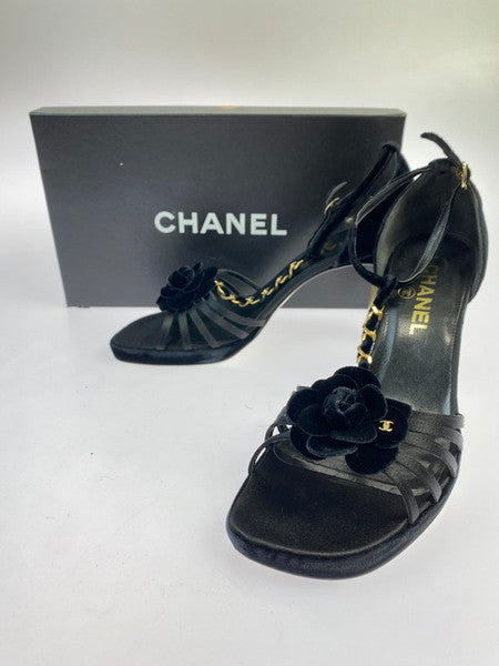 【中古品】【レディース】 CHANEL シャネル ココマーク カメリア ベロア チェーン ヒール 靴 ミュール 183-241217-AS-18-min サイズ：37 カラー：ブラック 万代Net店