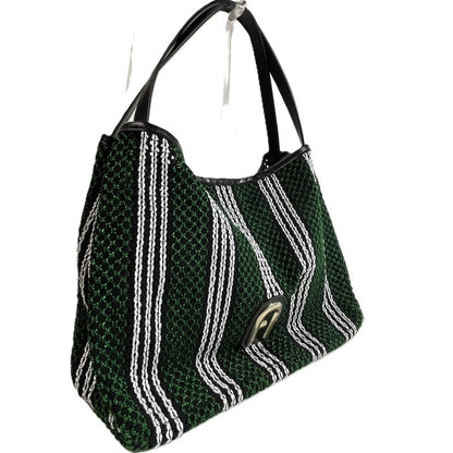 【中古美品】【レディース】 未使用品 フルラ トートバッグ WB00919 ストライプロープ プリムラ ホーボーバッグ L ソレントカーフスキン グリーン ストライプ メッシュ あみあみ 180-250608-SS-08-ich 万代Net店