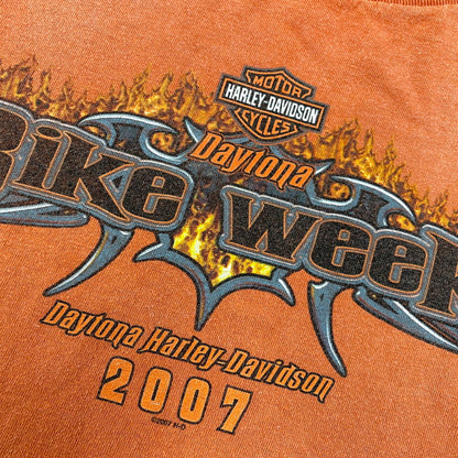 【中古品】【メンズ】 HARLEY DAVIDSON ハーレーダビッドソン DAYTONA BIKE WEEK PRINT S/S TEE c2007 プリント 半袖Tシャツ USA製 146-260713-as-14-izu サイズ：XL カラー：オレンジ 万代Net店