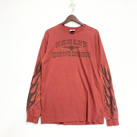 【中古品】【メンズ】 HARLEY-DAVIDSON ハーレーダビッドソン メキシコ製 00’S FLAME SLEEVE EAGLE フレイム スリーブ イーグル L S TEE ロング スリーブ Tシャツ トップス 長袖 146-260612-ya-02-izu サイズ：M カラー：レッド 万代Net店