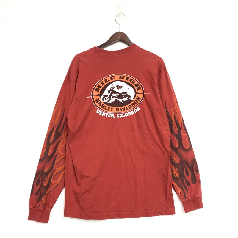 【中古品】【メンズ】 HARLEY-DAVIDSON ハーレーダビッドソン メキシコ製 00’S FLAME SLEEVE EAGLE フレイム スリーブ イーグル L S TEE ロング スリーブ Tシャツ トップス 長袖 146-260612-ya-02-izu サイズ：M カラー：レッド 万代Net店