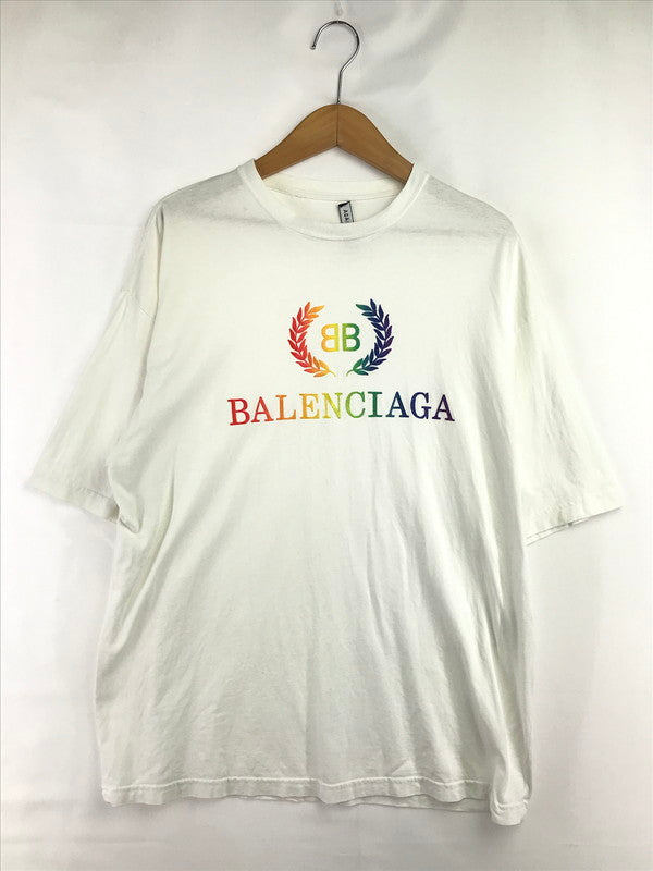 【現状渡し品】【メンズ】 BALENCIAGA バレンシアガ 9SS RAINBOW BB LOGO EMBROIDERED T-SHIRT レインボー BB ロゴ エムブロイダリ Tシャツ トップス 141-260726-rt-02-tagh サイズ：S カラー：ホワイト 万代Net店
