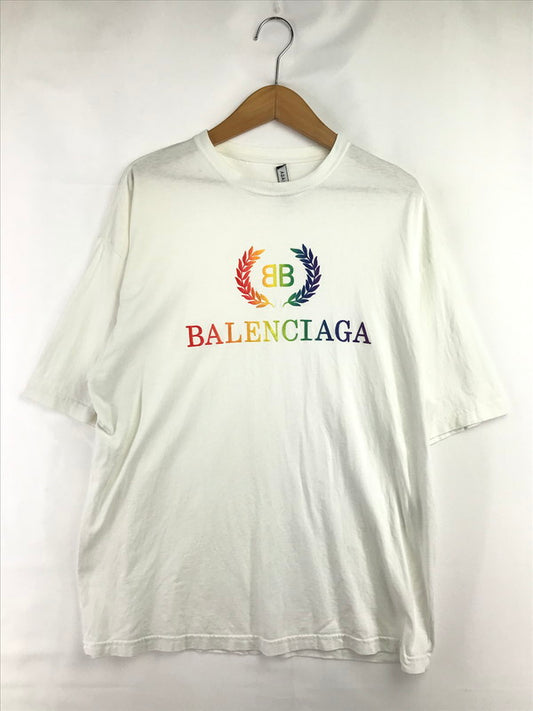 【現状渡し品】【メンズ】 BALENCIAGA バレンシアガ 9SS RAINBOW BB LOGO EMBROIDERED T-SHIRT レインボー BB ロゴ エムブロイダリ Tシャツ トップス 141-260726-rt-02-tagh サイズ：S カラー：ホワイト 万代Net店