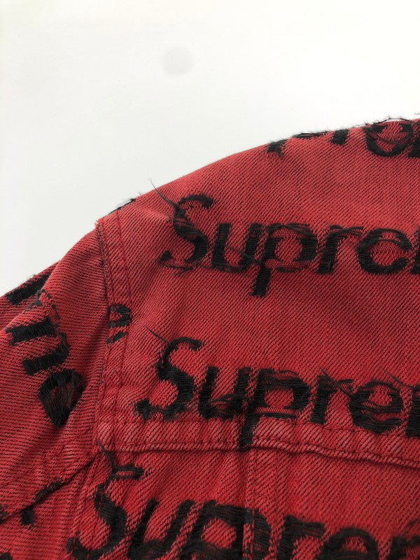 【現状渡し品】【メンズ】 SUPREME シュプリーム 21SS FRAYED LOGOS DENIM TRUCKER JACKET フレイ ロゴ デニム トラッカー ジャケット アウター 149-260527-na-07-tagh サイズ：M カラー：レッド 万代Net店