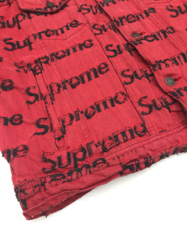 【現状渡し品】【メンズ】 SUPREME シュプリーム 21SS FRAYED LOGOS DENIM TRUCKER JACKET フレイ ロゴ デニム トラッカー ジャケット アウター 149-260527-na-07-tagh サイズ：M カラー：レッド 万代Net店