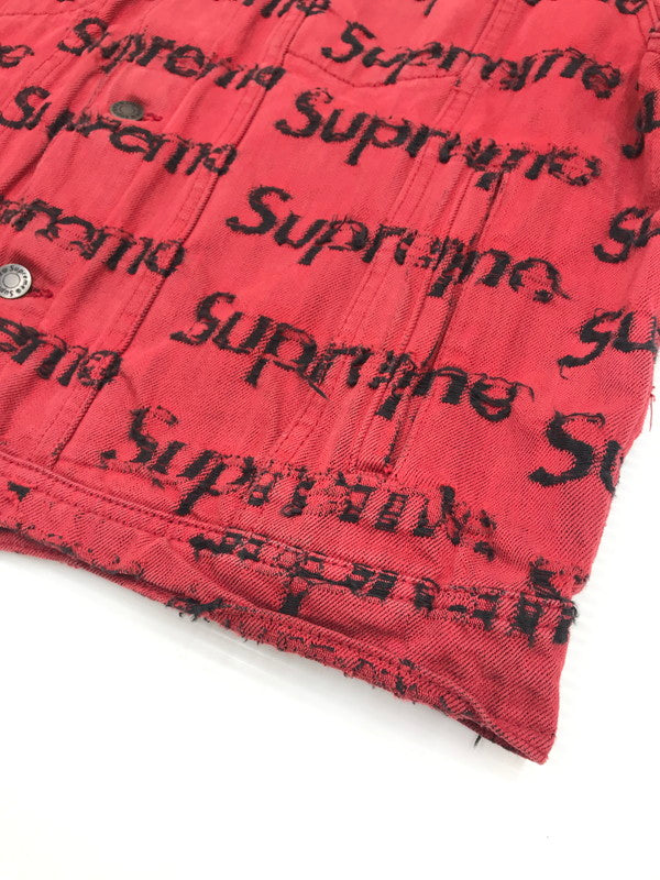 【現状渡し品】【メンズ】 SUPREME シュプリーム 21SS FRAYED LOGOS DENIM TRUCKER JACKET フレイ ロゴ デニム トラッカー ジャケット アウター 149-260527-na-07-tagh サイズ：M カラー：レッド 万代Net店